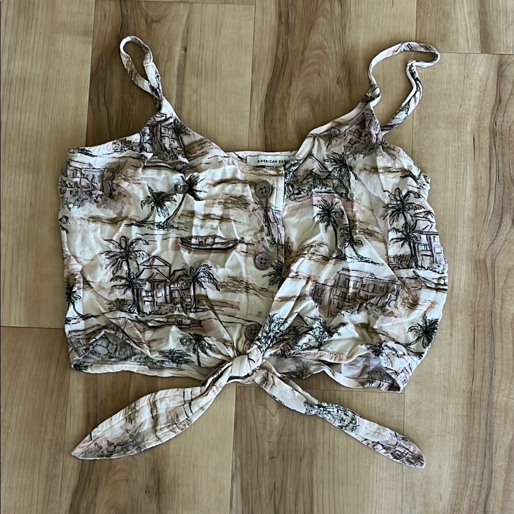 American Eagle Outfitters Cream and PinkTie-Front Crop Camisole